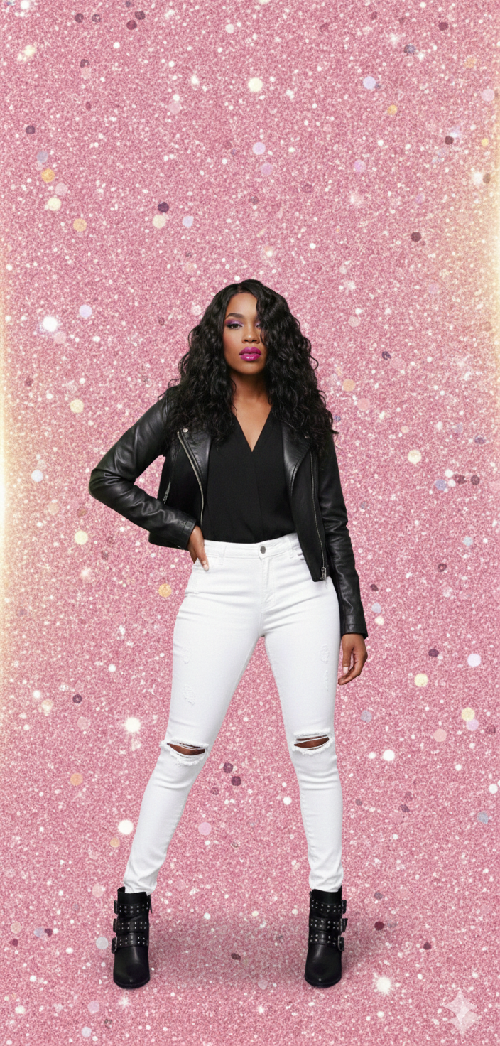 Black Moto Jacket, Black V-Neckline Blouse, White Distressed Skinny jeans, Black Studded Combat Boots