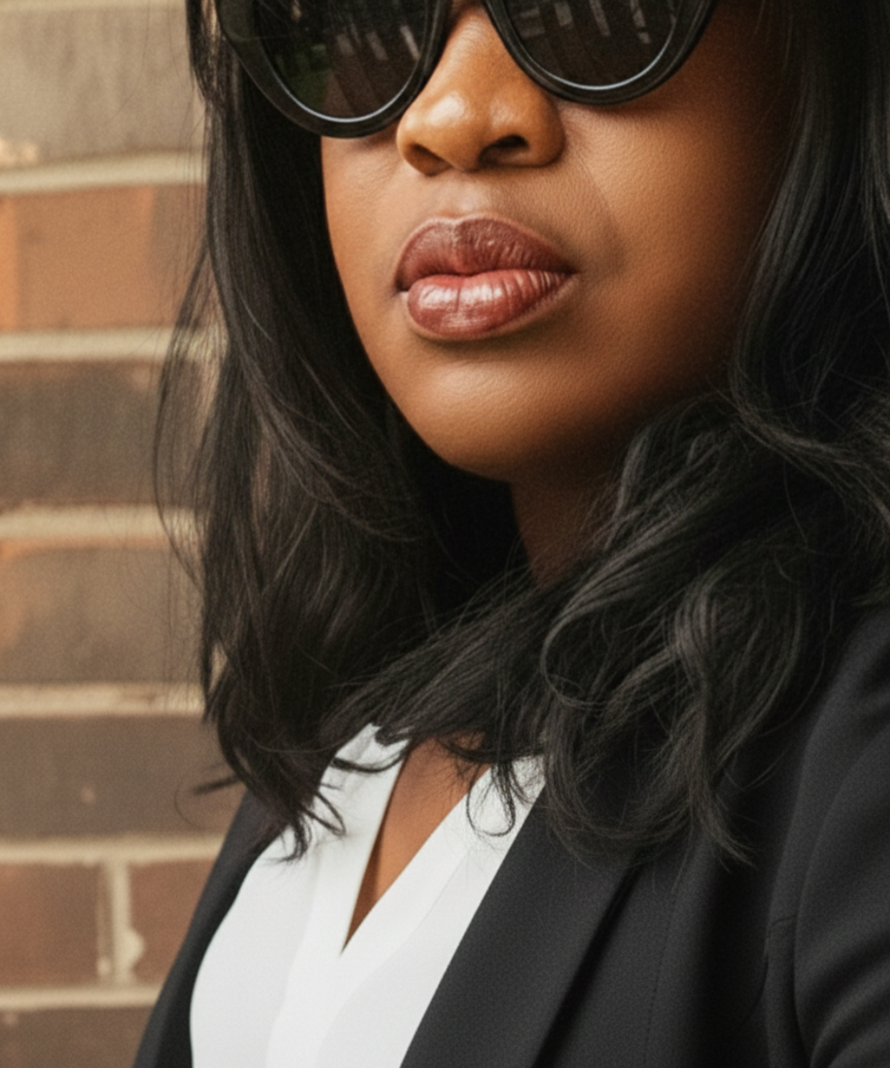 Aisha wearing a black blazer, black sunglasses and white blouse