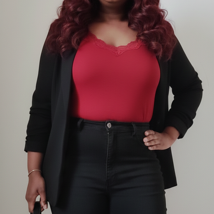 Aisha wearing a black blazer, red cami, and black denim