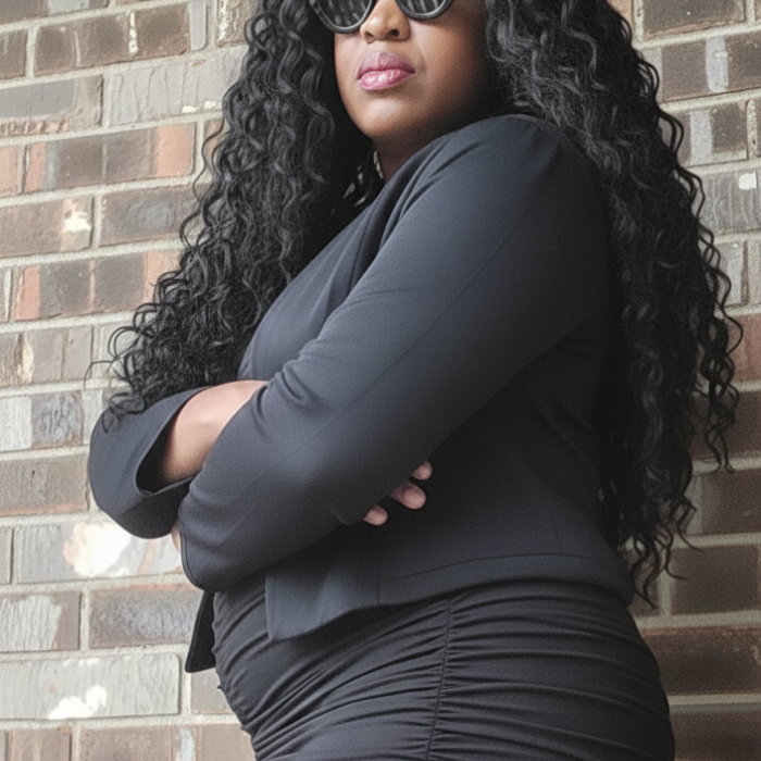 Aisha wearing a black blazer and black dress