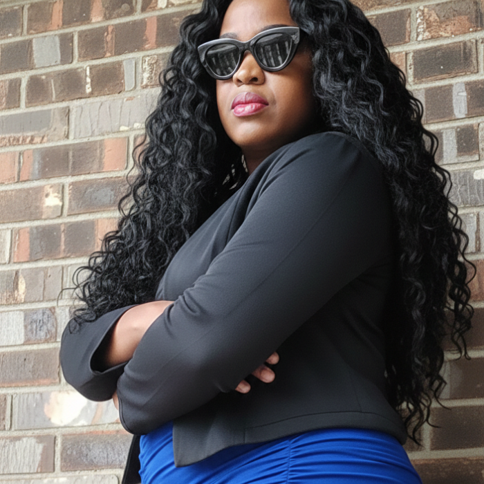 Aisha wearing a black blazer and navy dress