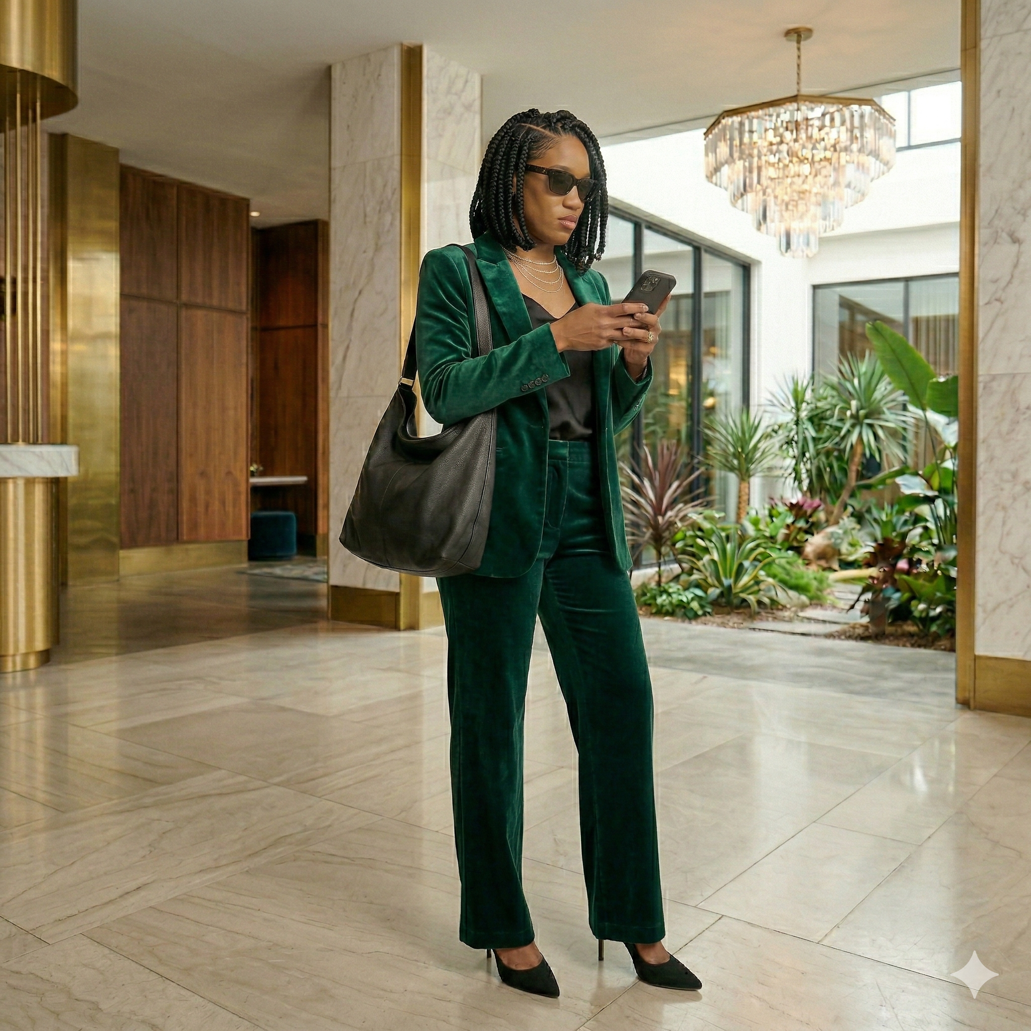Model wearing a brown trench cashmere coat, white blouse, dark blue denim