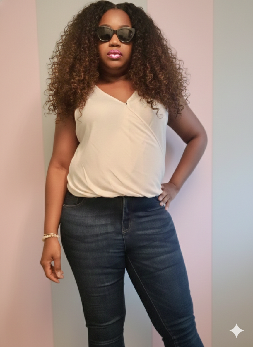 Aisha wearing a white arapped top,and dark blue denim.