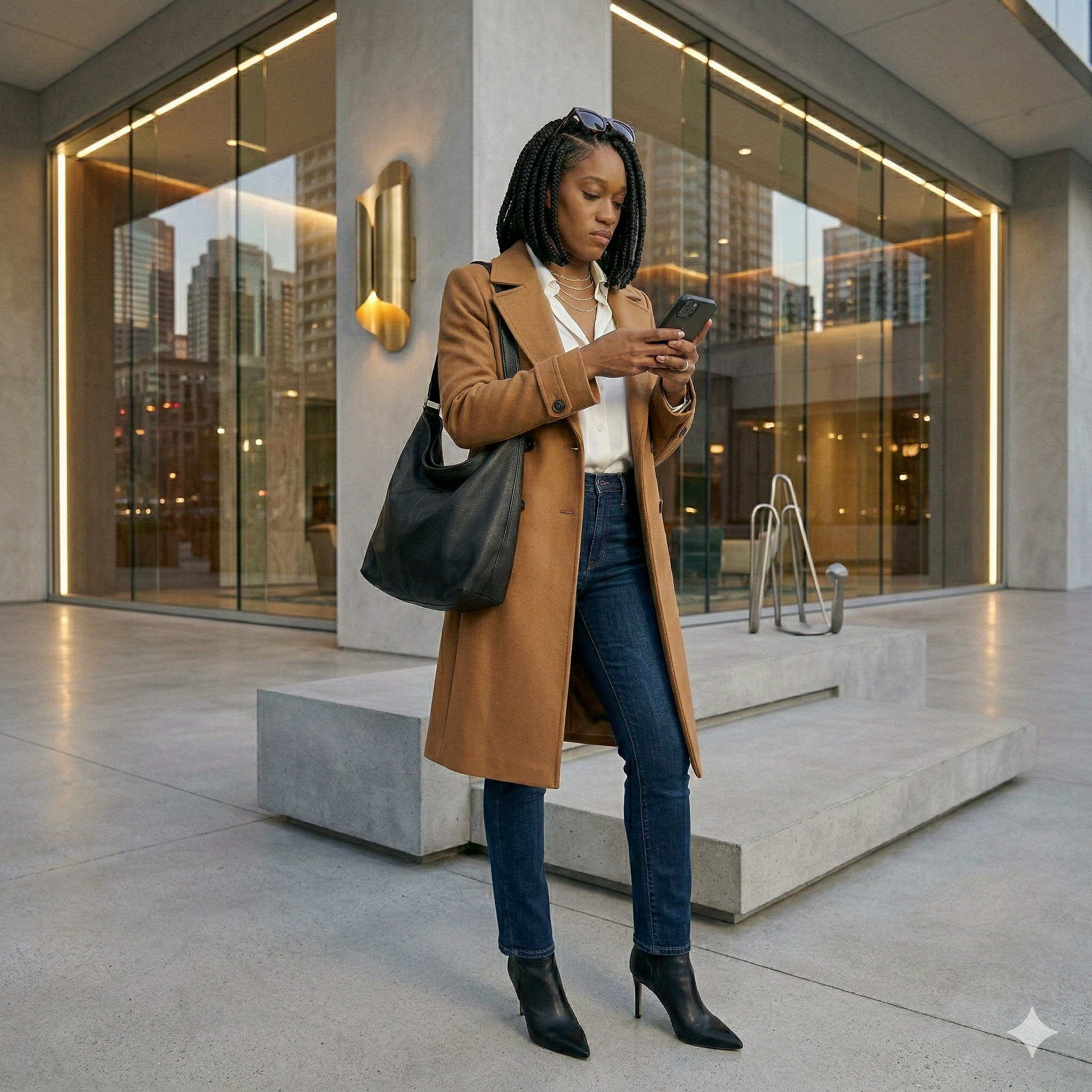 Model wearing a emerald green velvet blazer, black blouse and matching trousers