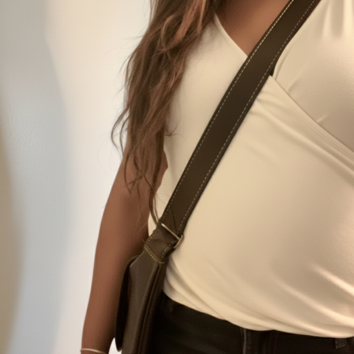 Aisha wearing a wrapped white top and dark blue skinny jeans