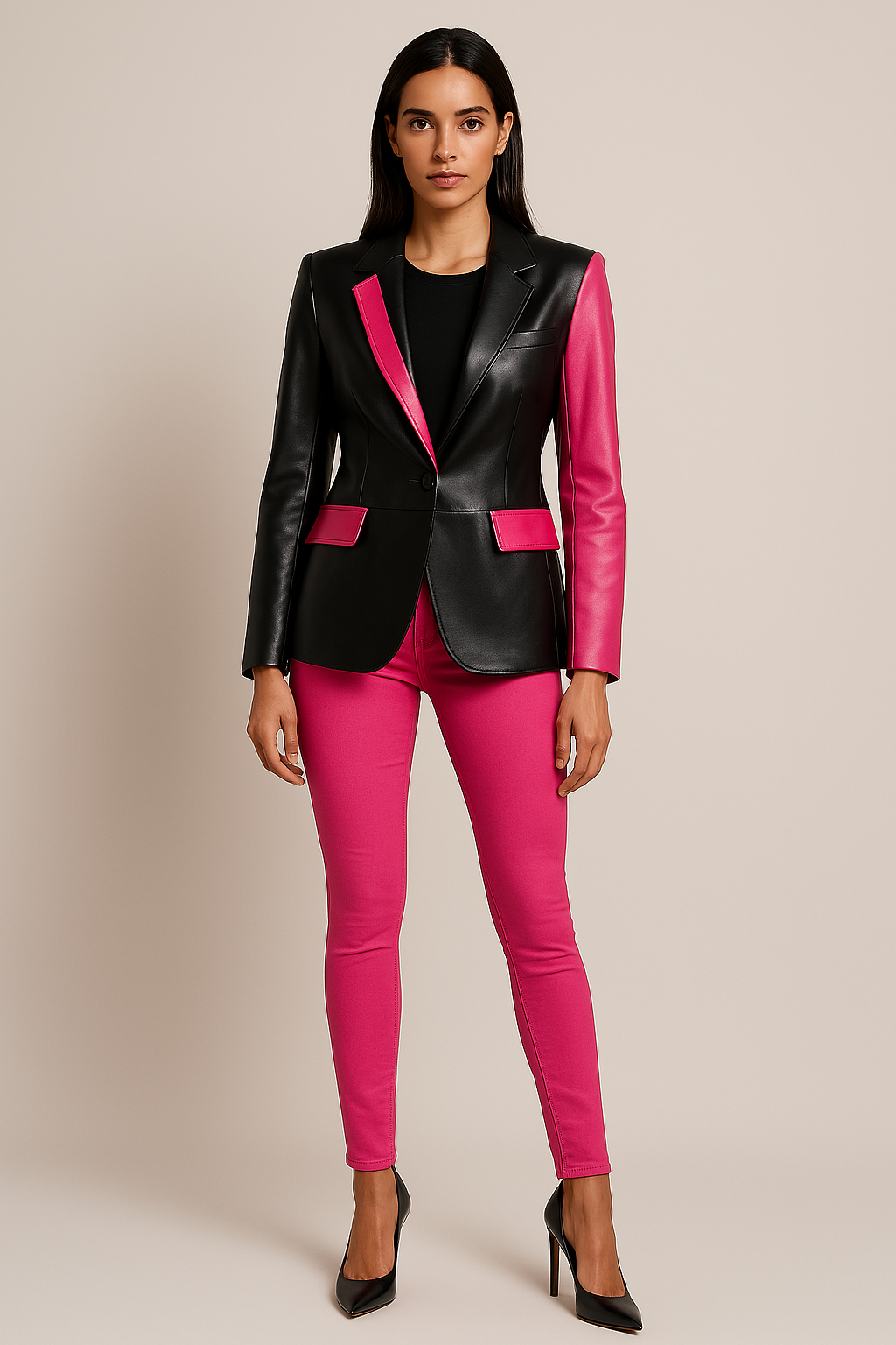 Hot pink & black leather outfit