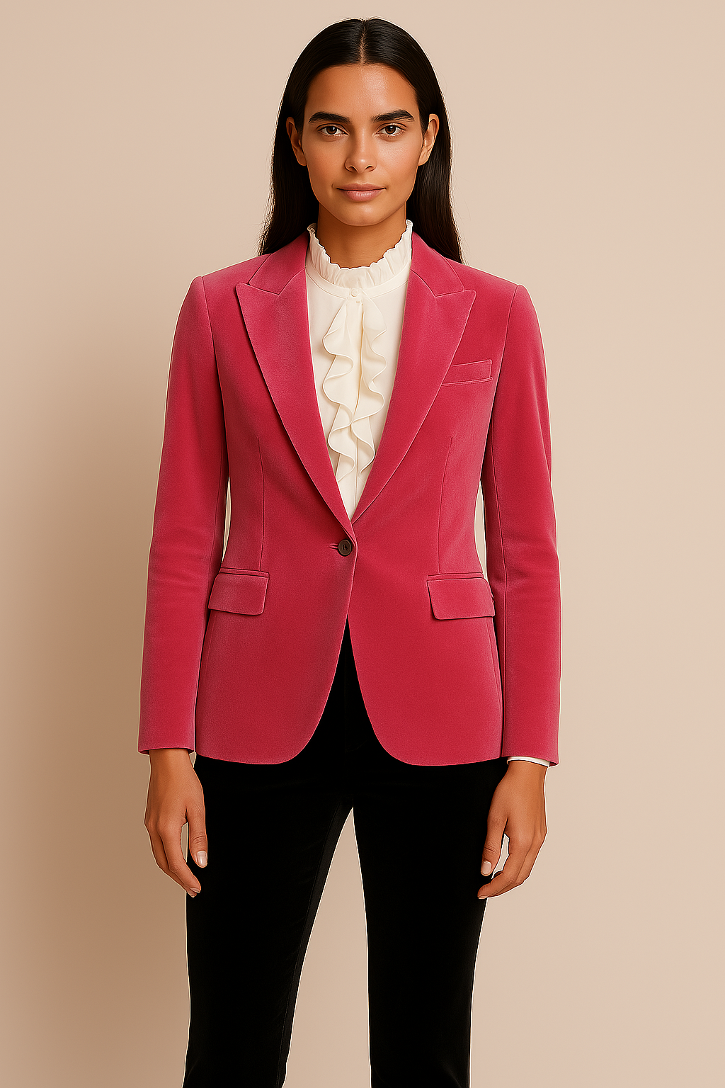 A Pink Velvet Blazer, a White Ruffle Blouse, and Black Velvet Pants
