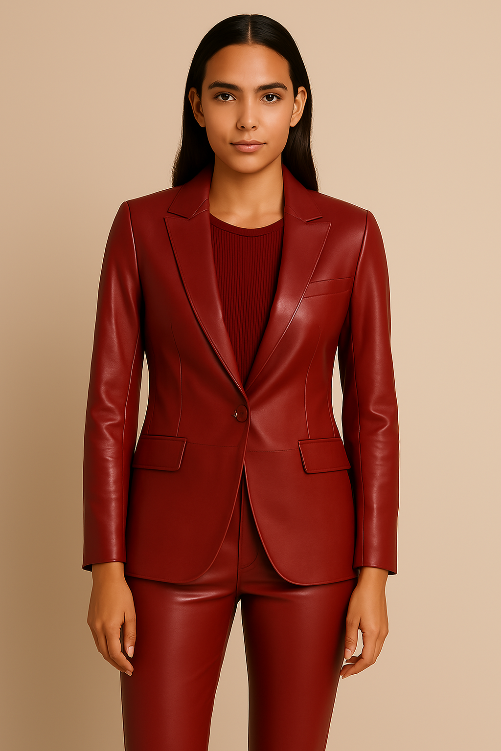 A Rich Oxblood Leather Blazer, a Black Ribbed Top, and Oxblood Leather Pants