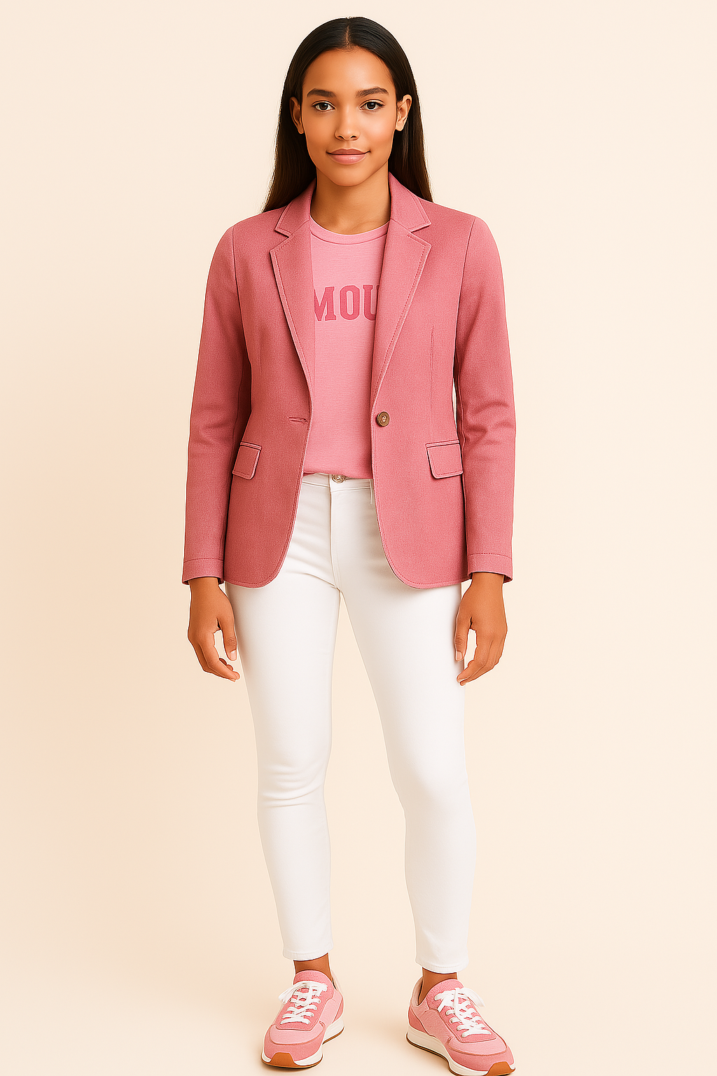 A Stylish Pink Denim Blazer, White Skinny Jeans, Pink Graphic Tee, and Pink/White Sneakers