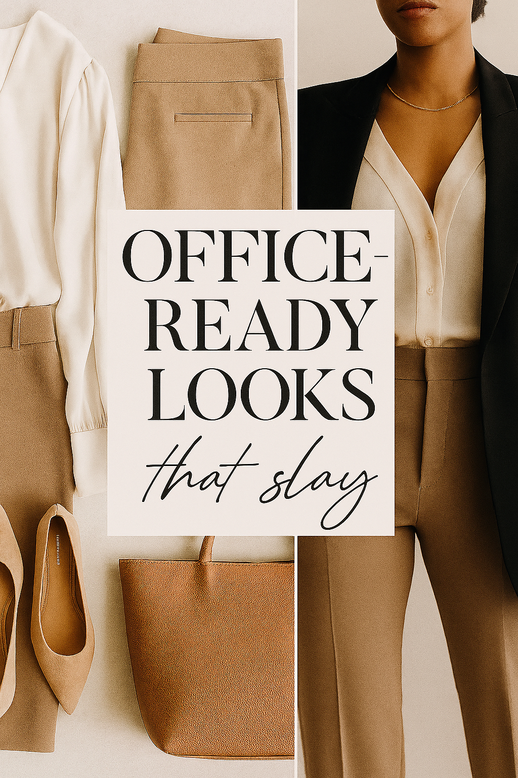 Flat lay and styled look featuring cream blouse, camel trousers, and black blazer