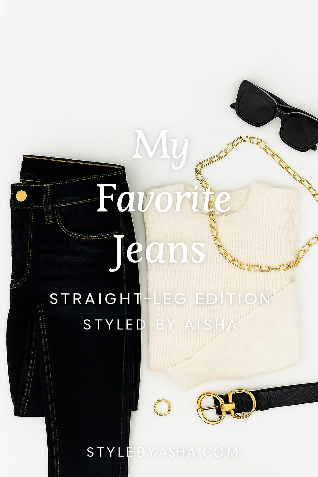 Flat lay of straight-leg jeans styled by Aisha