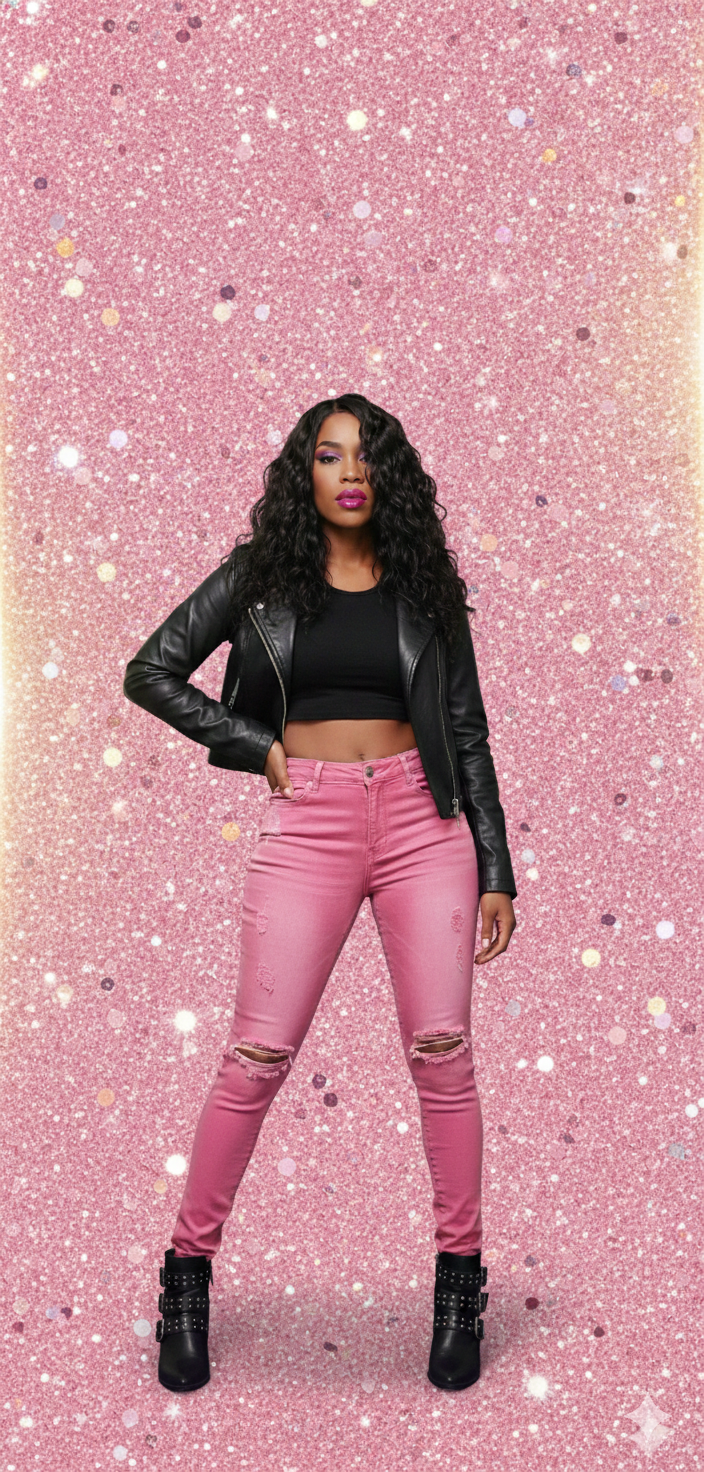 Cropped Moto , Black Crop Top, Pink Distressed Skinny Jeans, Studded Combat boots