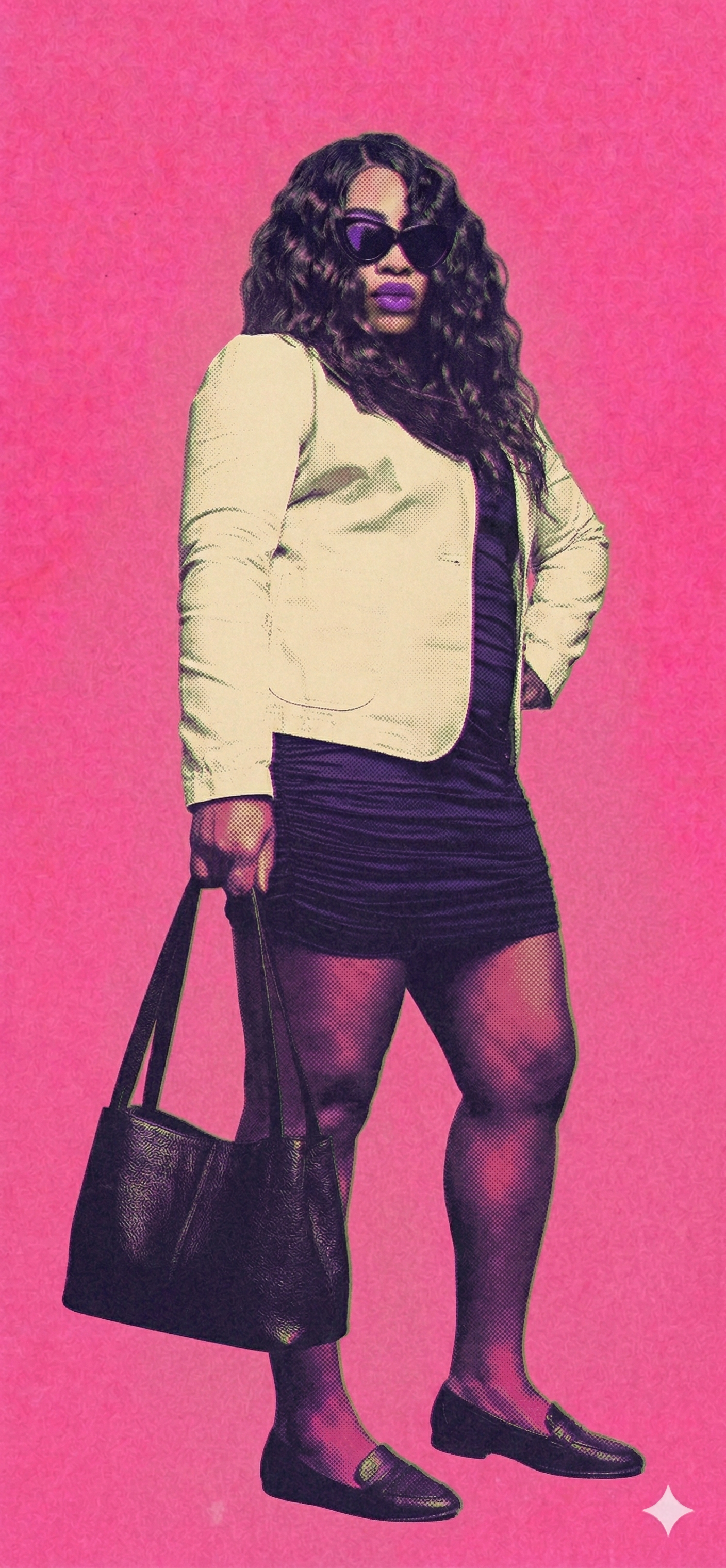 Model wearing a cream blazer and blue dress