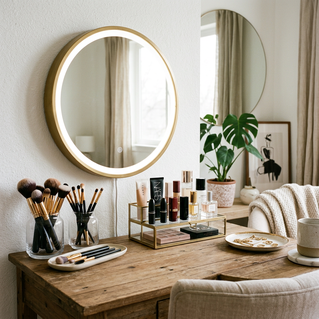 Vanity table with makeup brushes, cosmetics, and a round illuminated mirror on the wall.