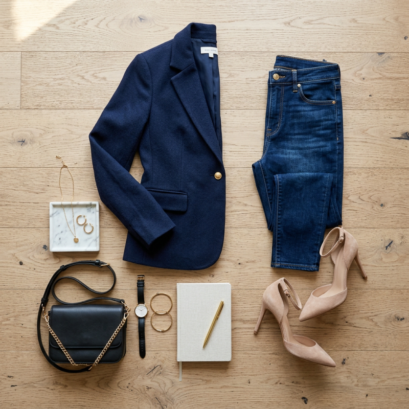Navy blazer, blue jeans, beige high heels, black purse, watch, gold jewelry, and notebook with pen