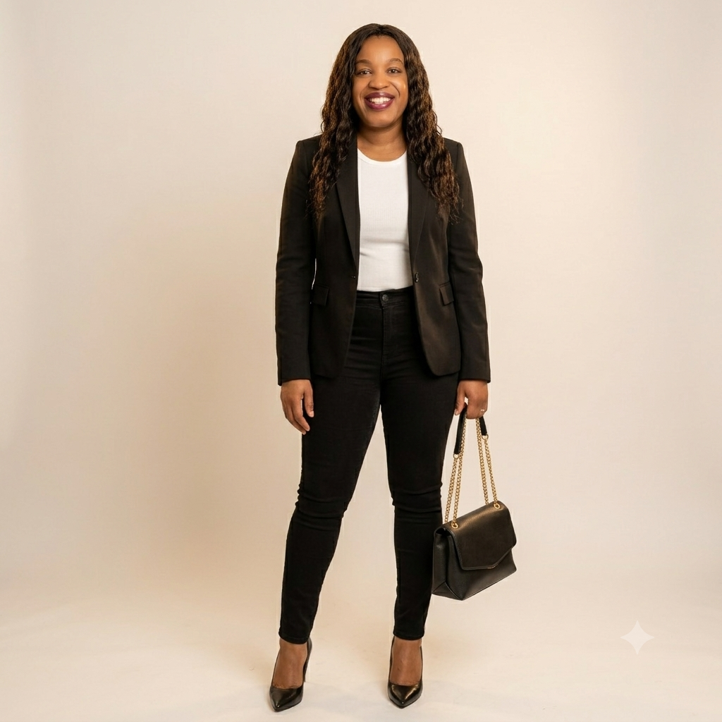An African American woman wearing a black blazer, white top, black skinny jeans, black pumps and holding a black handbag with a gold chain.