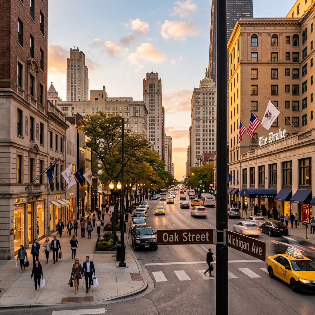 Street intersection of Oak Street and Michigan Avenue with pedestrians and cars