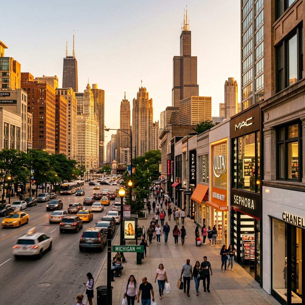 Crowded Michigan Avenue with pedestrians on the sidewalk and traffic on the street with Chicago skyscrapers