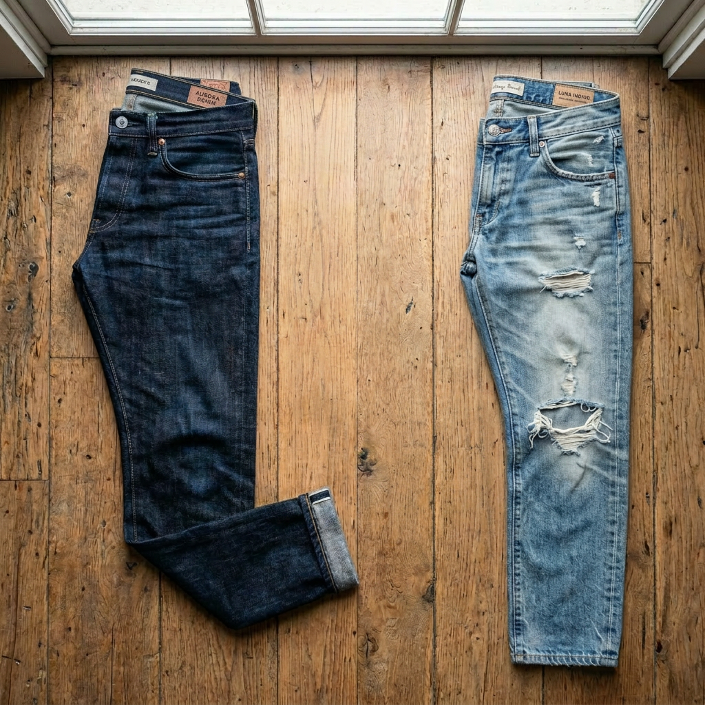 Two pairs of jeans with wallet, belt, watch, sunglasses, keys, pouch, notebook, pen, and compass