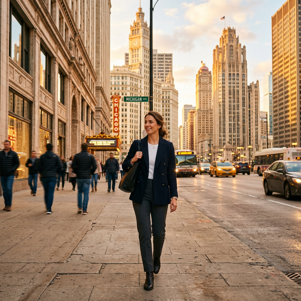Woman walking on Chicago sidewalk with city buildings and traffic