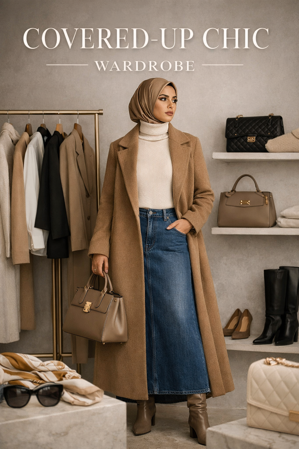 A model wearing a camel wool coat, cream turtleneck, and long denim skirt in a minimalist wardrobe setting. She carries a taupe handbag and wears a beige satin hijab, surrounded by neutral-toned coats, blazers, and handbags — representing the Covered-Up Chic capsule wardrobe trend for 2026.”