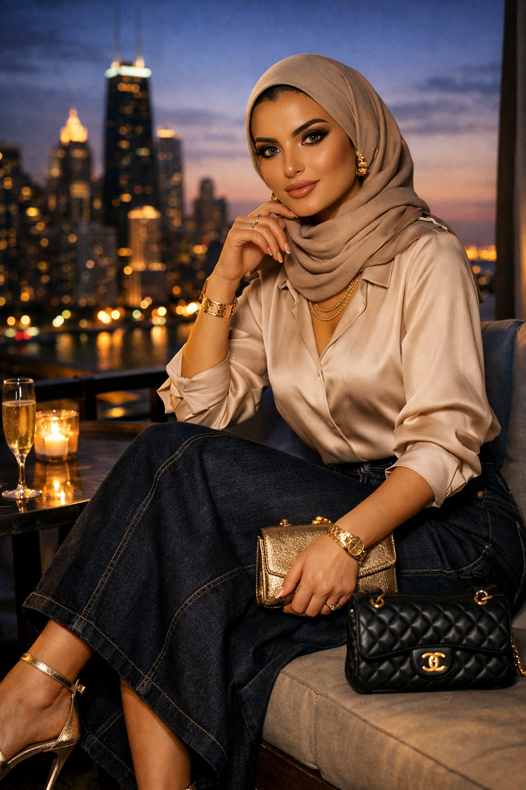 A model wearing a brown hijab, a brown stain blouse, a long dark blue denim skirt, gold high heels.