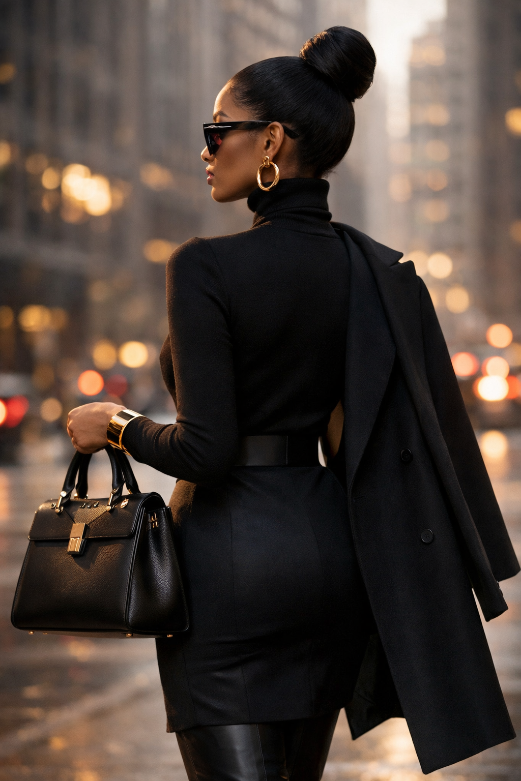 Elegant woman in a chic black turtleneck dress and tailored coat holding a structured black handbag with gold hardware, standing confidently on a city street during golden hour.” This description captures the visual essence — glam, editorial, and timeless — without referencing any brand logos.
