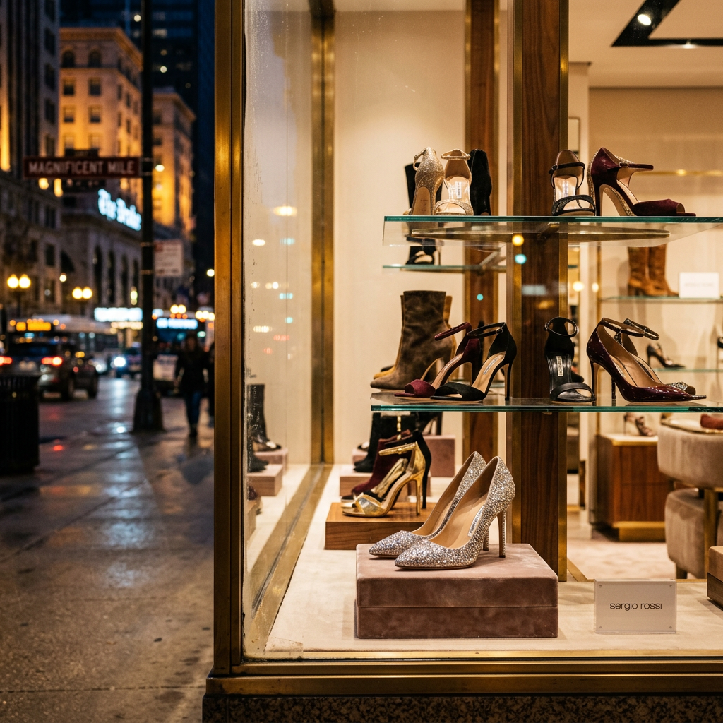 Display of various high-heeled shoes including glittery and velvet styles in a glass window