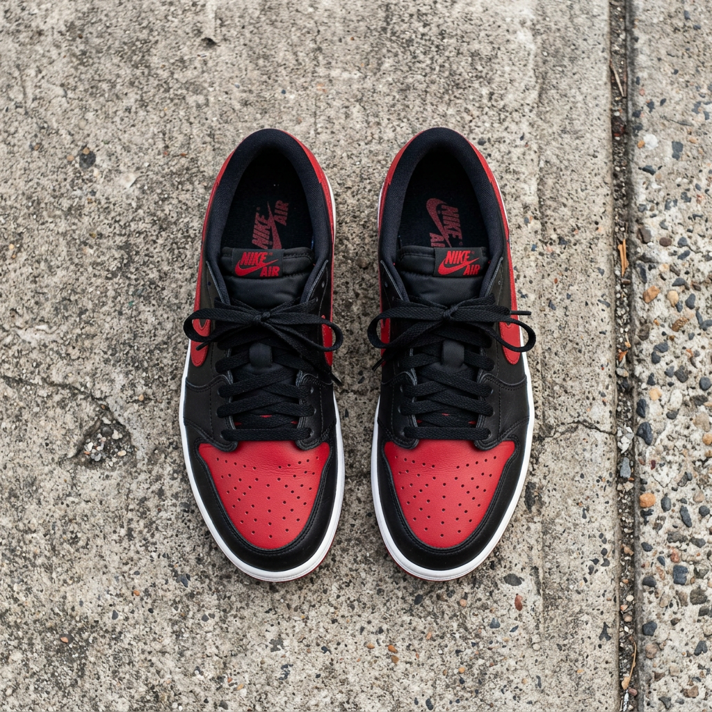 Pair of black and red Nike Air Jordan 1 sneakers with black laces on concrete ground