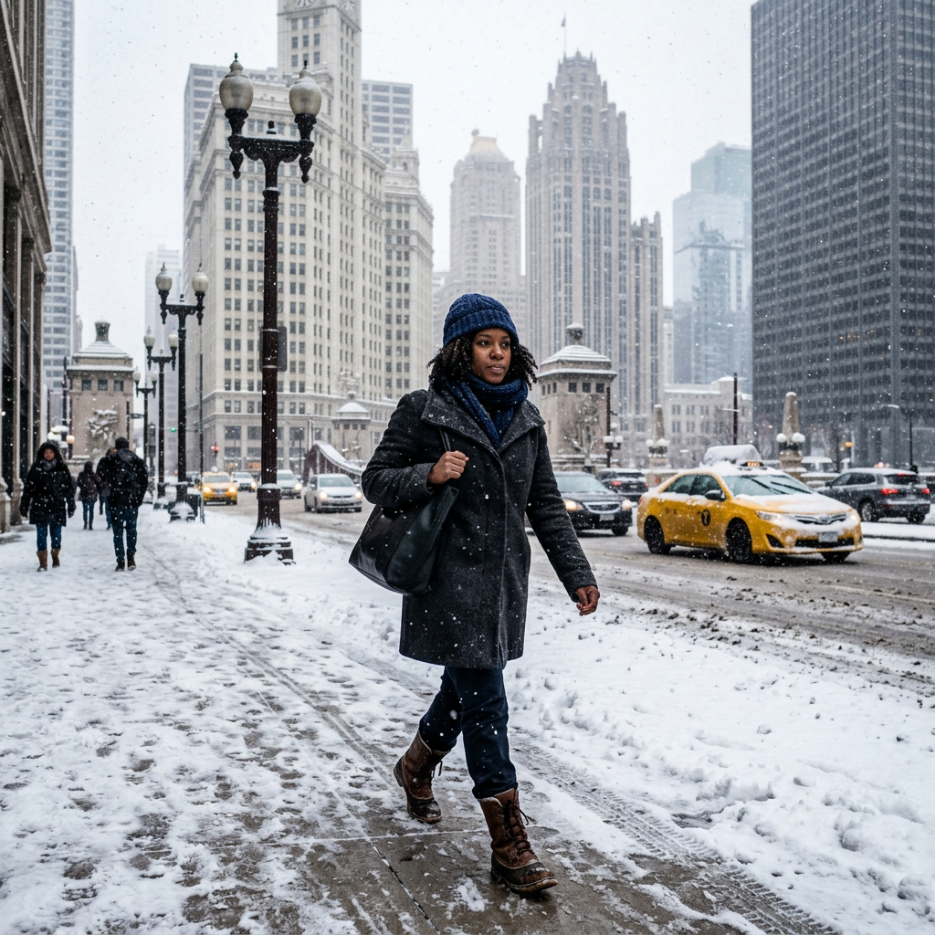 Person walking on snowy city sidewalk with tall buildings and traffic