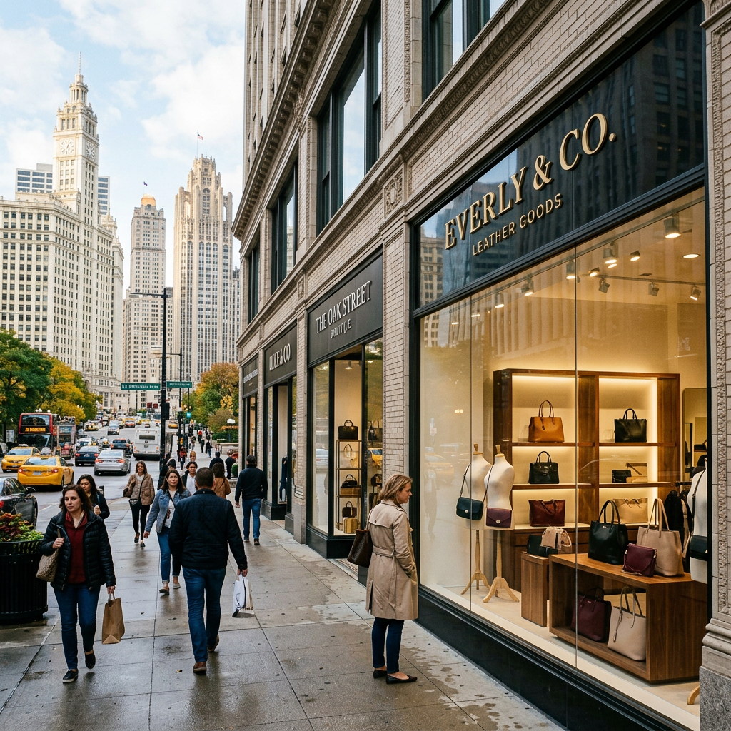Downtown Chicago storefronts with elegant handbag displays