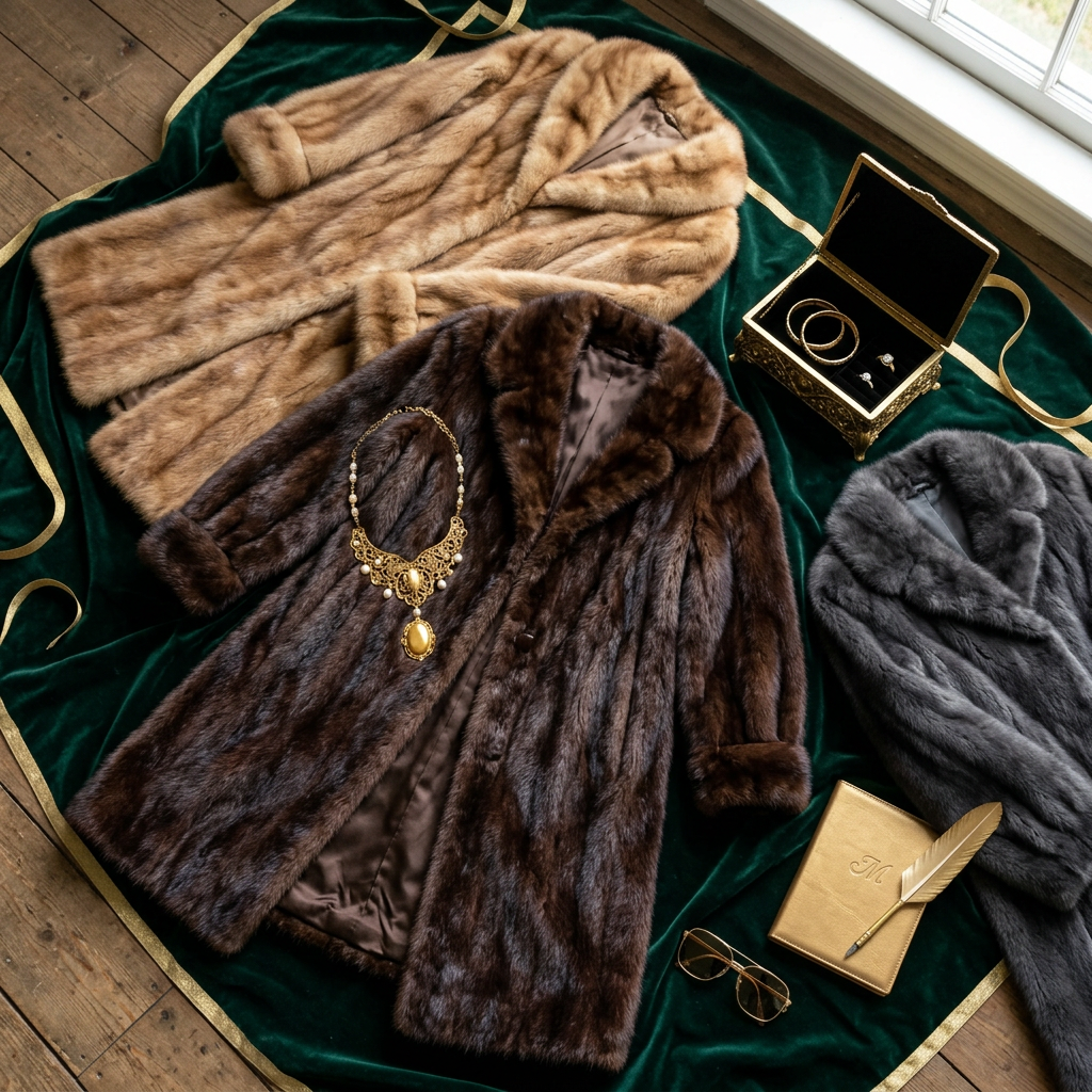 Three vintage fur coats in beige, brown, and gray with gold jewelry and accessories on green velvet