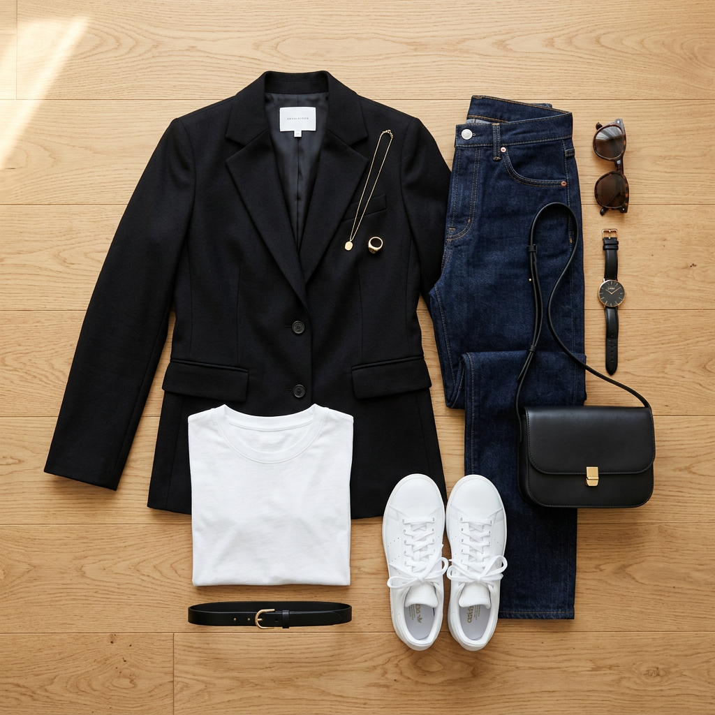 Black blazer, white t-shirt, dark blue jeans, white sneakers, black belt, sunglasses, watch, black handbag, gold jewelry