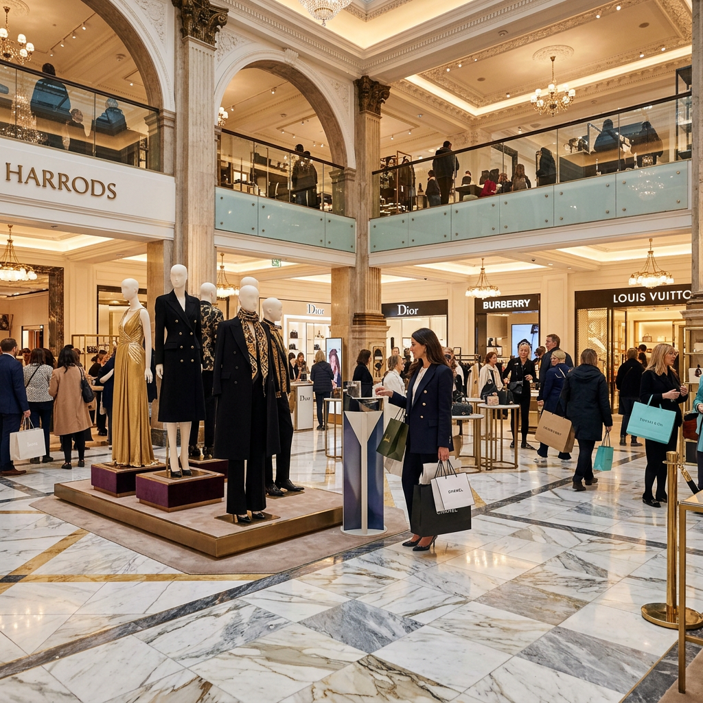 Interior of Harrods with mannequins displaying elegant clothing and shoppers browsing luxury brand stores