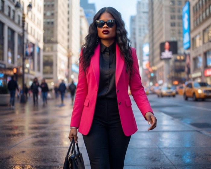 A stylish African American model posing in the street wearing a pink blazer, black top, black jeans and holding a black leather handbag. The backdrop is urban.