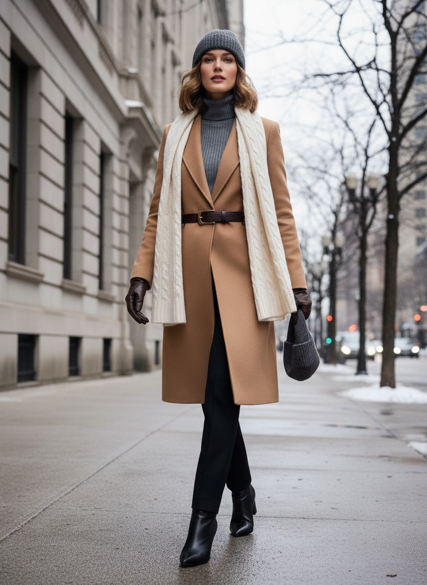 A sophisticated fashion editorial photograph of an elegant woman on a Chicago winter street. She wears a perfectly tailored knee-length camel wool coat with a leather belt cinching the waist, layered over a slim black ribbed turtleneck and tailored trousers. A richly textured cashmere scarf is draped beneath the coat lapels, and she wears refined leather gloves and sleek ankle boots. A structured cashmere beanie in deep charcoal crowns the look. The background shows the iconic Chicago architecture — stone facades, bare winter trees — under a crisp gray sky. The overall mood is polished, editorial, and quietly luxurious.