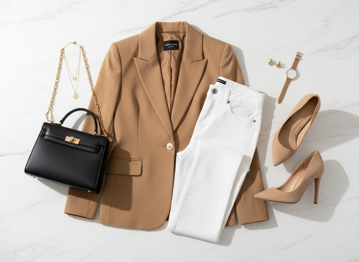A chic, sophisticated fashion flat lay or styled outfit photo featuring white skinny jeans paired with a tailored blazer. The blazer is neutral-toned (beige, camel, or classic black). Accessories like heels, a handbag, and minimal jewelry are included. Clean white background or lifestyle setting. Editorial fashion photography style, bright and airy lighting.