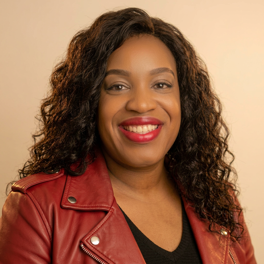 An African American model wearing a black top, and red l80s style leather jacket.