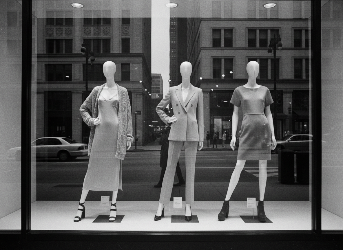 Vintage 1990s black and white photograph of an upscale department store window display on Chicago's Magnificent Mile