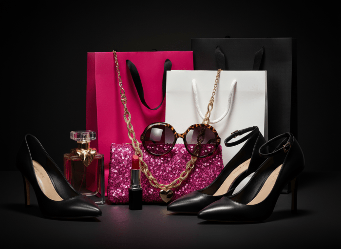 A high-fashion editorial flat lay on a sleek black background. Arranged artistically: a bold red lipstick, a delicate gold chain necklace with a heart pendant, oversized tortoiseshell sunglasses, a hot pink sequin sparkle clutch purse, two pairs of black heels styled at angles, a luxury perfume bottle with gold accents. Add a hot pink shopping bag, a crisp white shopping bag, and a matte black shopping bag. Items are overlapping and styled with shadow and depth for a magazine editorial look. Rich, moody, high-contrast aesthetic.