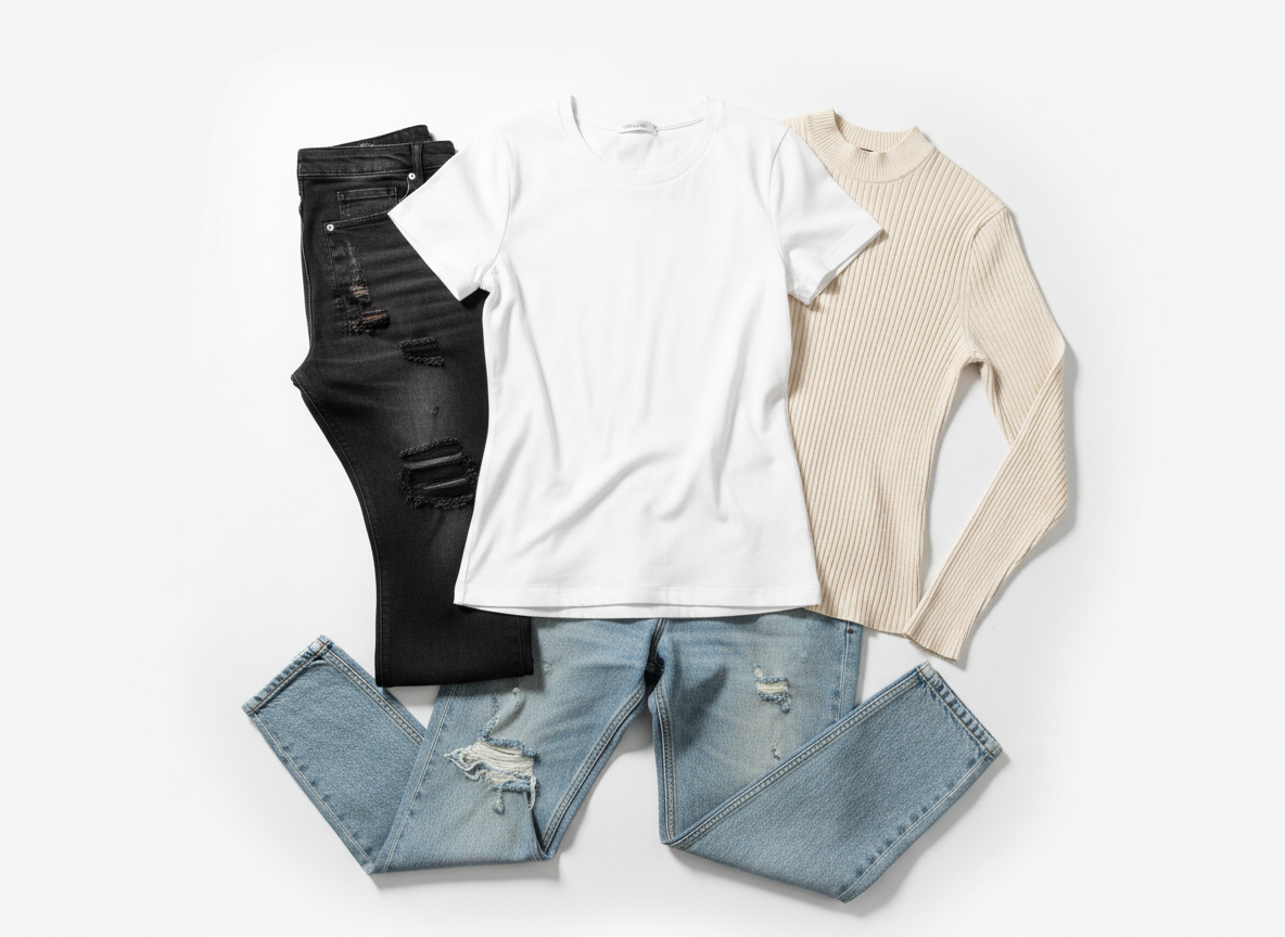 A stylish flat lay fashion editorial photograph on a clean white surface. The items include: a pair of black distressed denim jeans with knee distressing, a pair of stonewashed light blue denim jeans, a fitted white t-shirt, and a fitted top. No brand labels, logos, or text visible anywhere on any of the clothing items. Soft natural lighting, editorial fashion photography style, neatly arranged items with slight overlapping, shot from directly above.