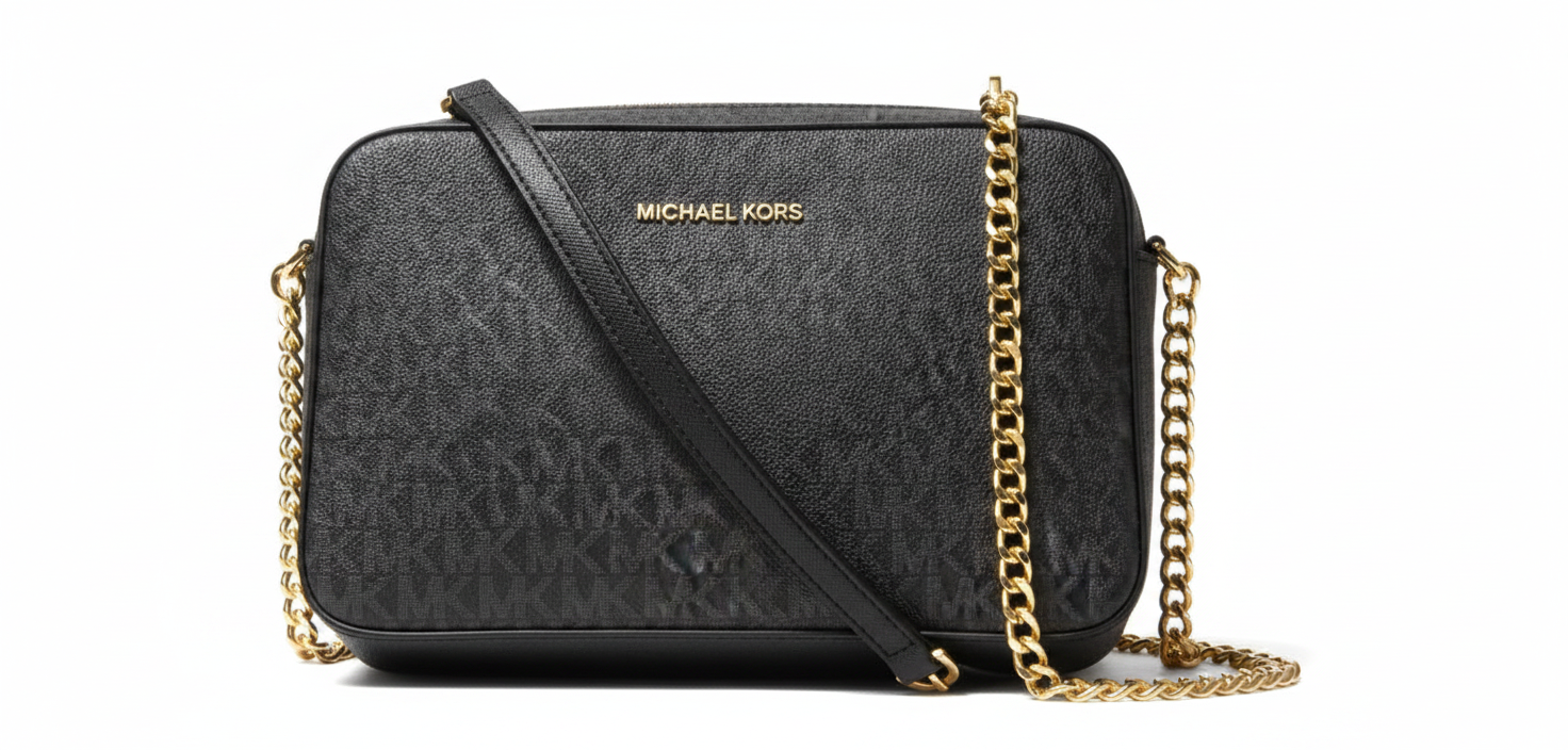 The same Michael Kors black monogram handbag, brightened with improved lighting. The bag should look well-lit, with soft highlights that reveal the texture and details of the monogram pattern. Clean white or light grey background. Professional product photography style, bright and crisp.