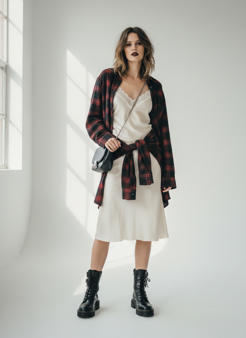 90s Fashion Look 2 - flannel over slip dress, combat boots