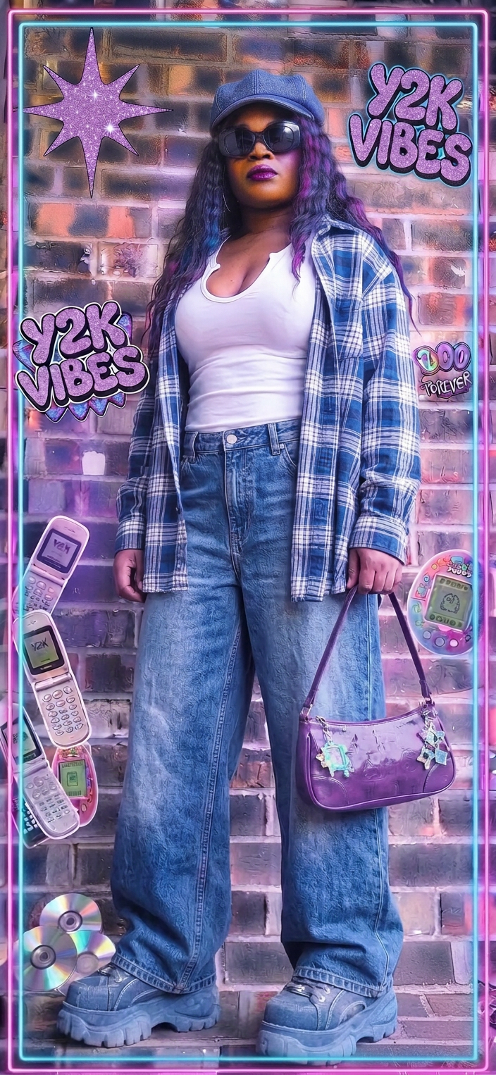 African American model wearing a blue and white flannel shirt, white top, baggy jeans, blue chunky platform boots.