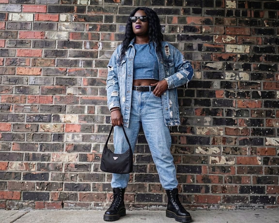 Woman wearing denim jacket and jeans, sunglasses, and boots against a brick wall