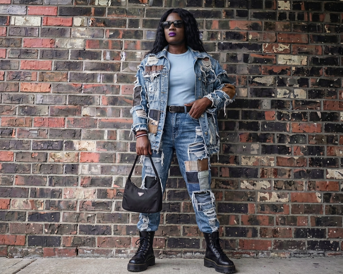 Woman wearing patchwork denim, sunglasses, and boots, holding a black handbag against a brick wall