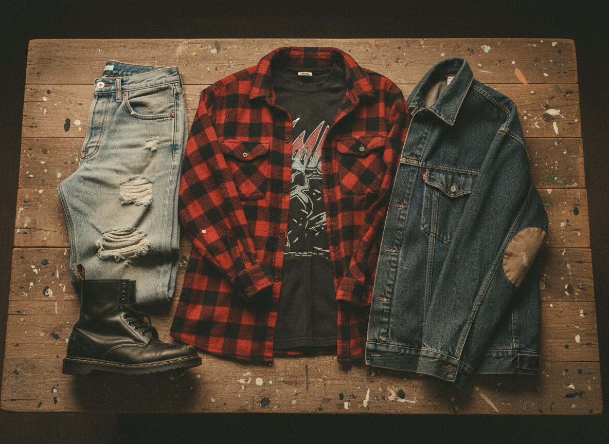 A stylish flat lay of early 1990s grunge fashion items: a plaid flannel shirt, ripped jeans, Doc Martens boots, a band tee, and a vintage denim jacket arranged on a worn wooden surface. Moody, editorial aesthetic with warm film grain texture. No people, no text.