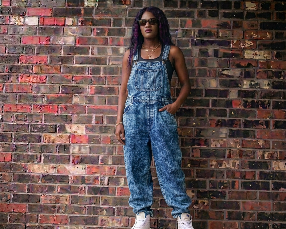 Person wearing denim overalls and sunglasses standing against a colorful brick wall