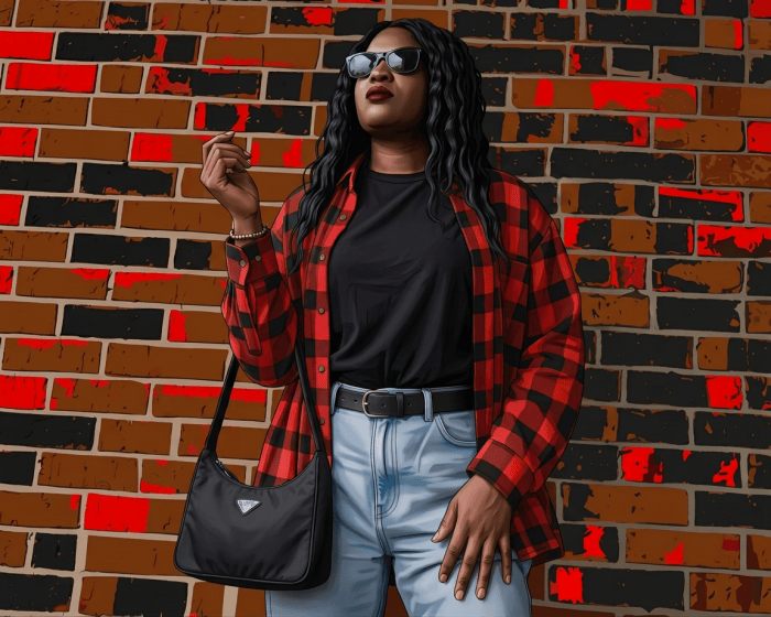 Woman wearing sunglasses and a red plaid shirt, standing against a brick wall