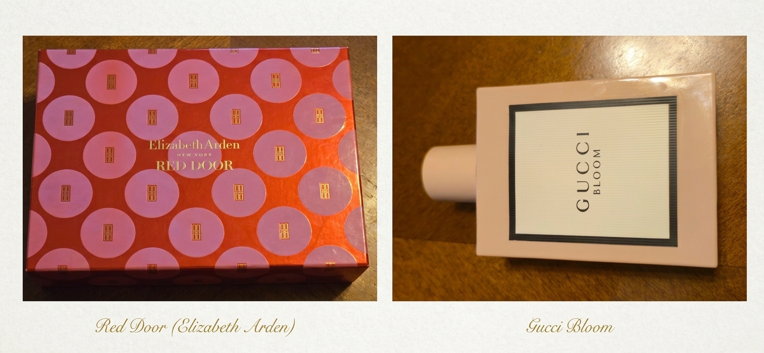 A collage of Elizabeth Arden in a red box, and Gucci Bloom Perfume